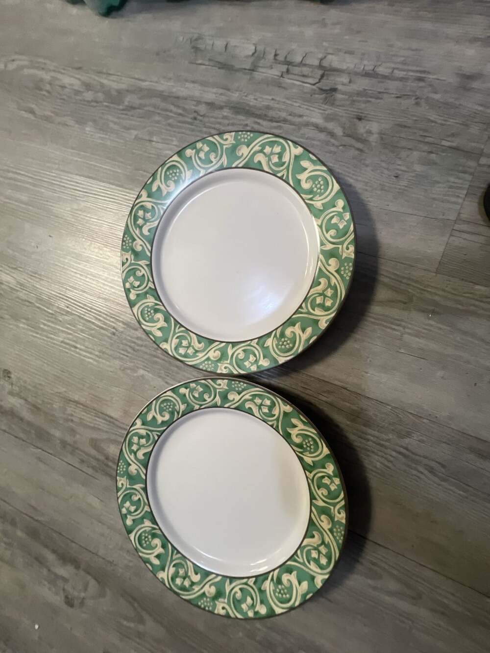 Sango Pavilion Green and Tan Scroll Dinner Plates Set of 2